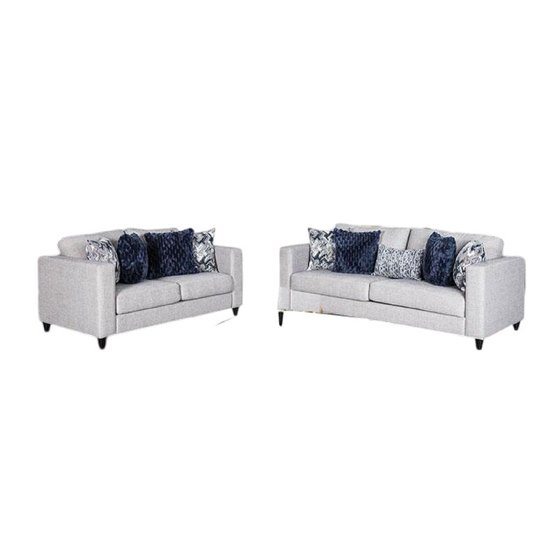 Harie 2pc Sofa and Loveseat Set, 9 Accent Pillows, Light Gray Chenille - Benzara