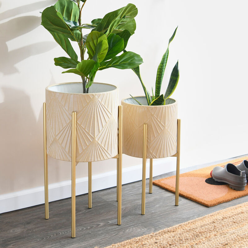 Modern Boho Embossed Metal Planters with Stands, Cream and Gold, Set of 2 image number 1
