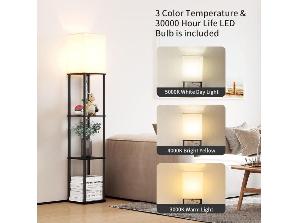 Floor Lamp with Shelves Square Display Lamp 3 Color Temperature Black