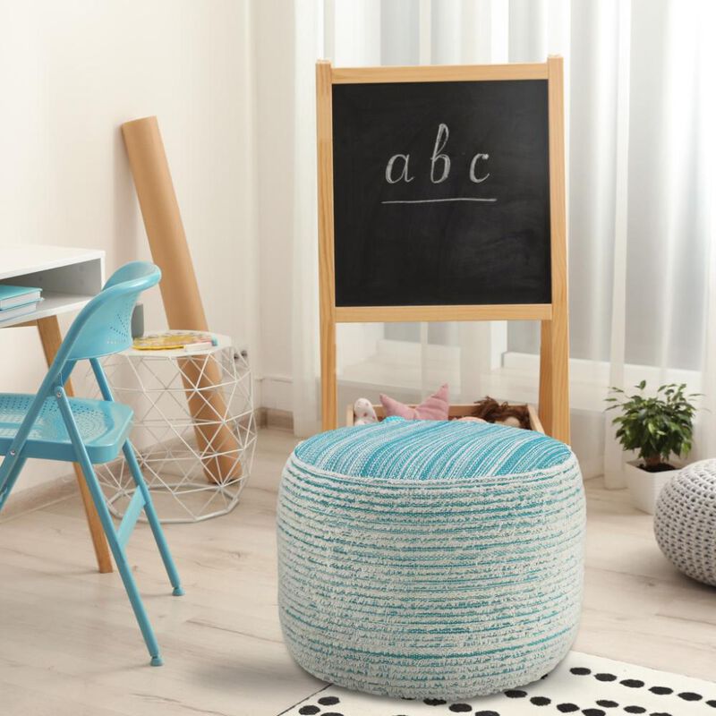 Hivvago 18 Inch Blue Fabric Cylinder Striped Pouf Ottoman