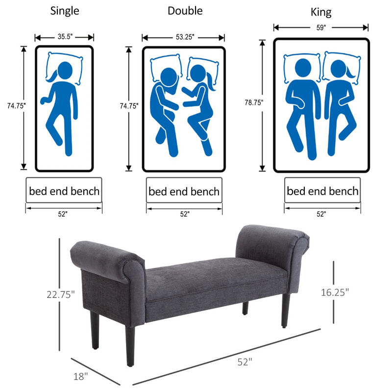 Dark Grey Comfort: 52" Linen Upholstered Ottoman Bench with Arms