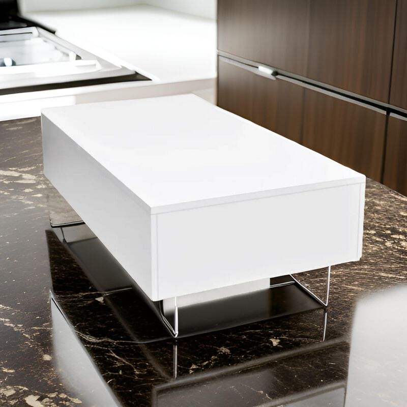 Coffee Table, High Gloss White, 33 Inch Rectangular Modern Platform