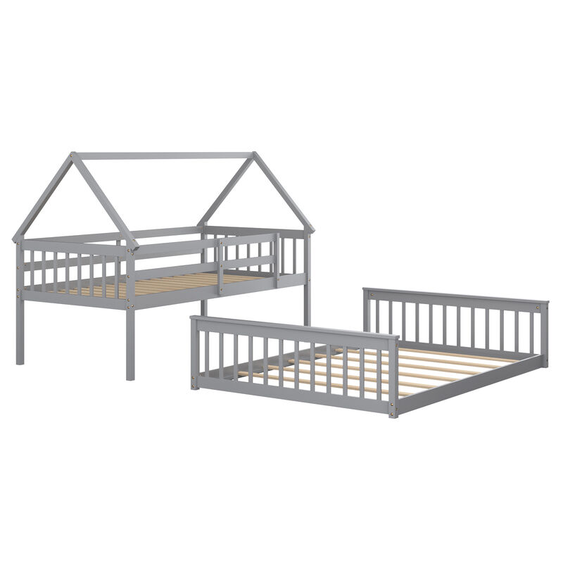 Twin Over Full House Bunk Bed with Ladder and Guardrails