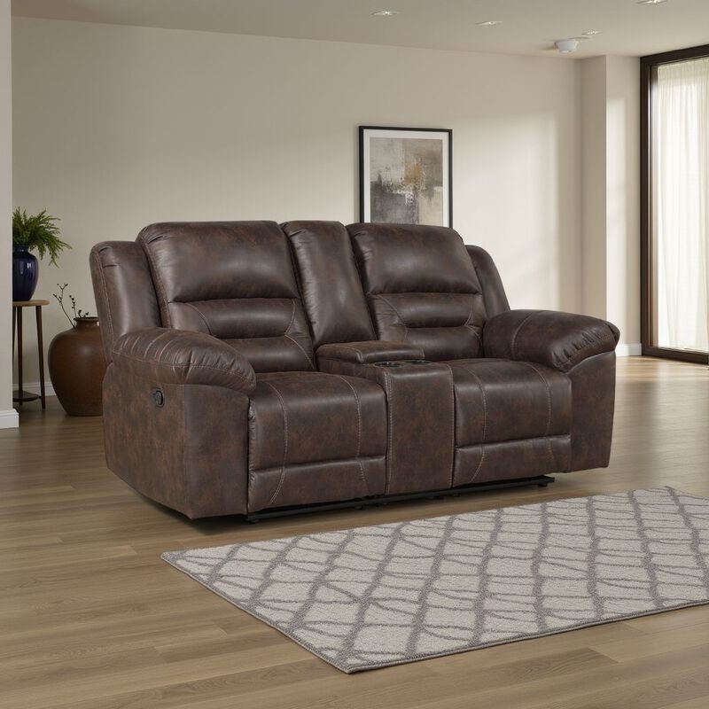 Henry Manual Double Reclining Loveseat, Console, Dark Brown Microfiber - Benzara