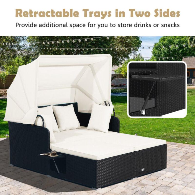 Hivvago Patio Rattan Daybed with Retractable Canopy and Side Tables