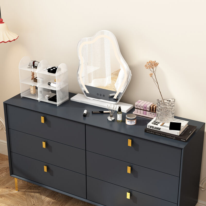 White 6-Drawers 55.1 in. Width Classic Wooden Chest of Drawers, Dresser, Storage Cabinet with Golden Legs and Handles