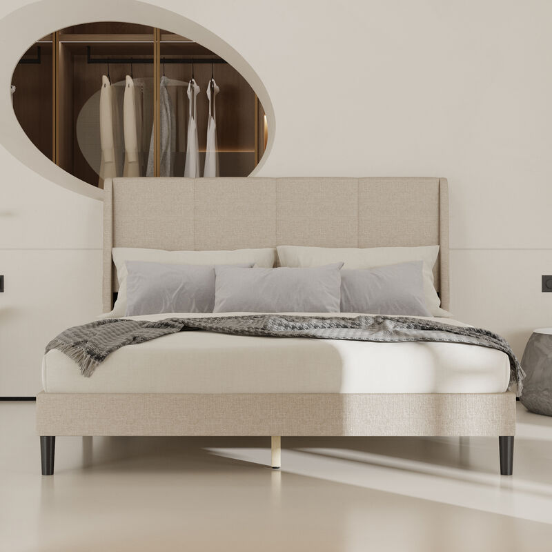 FUFU&GAGA Upholstered Queen Size Bed with Soft Polyester Fabric, (82.3"W x 62.6"D x 41.3"H ), Ivory White Finish