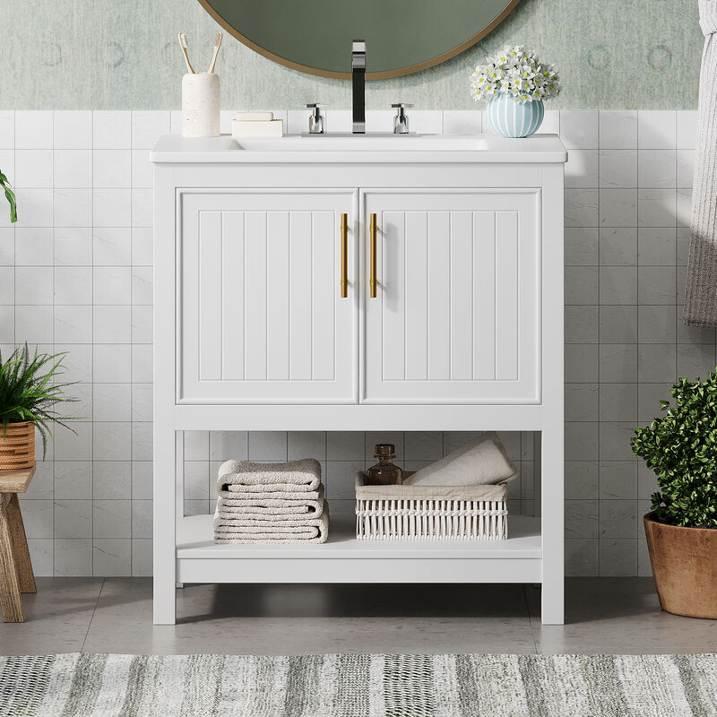 Whisen 30" Bathroom Storage Cabinet Bathroom Vanity with Ceramic Sink, Soft Close Doors and Open Shelf