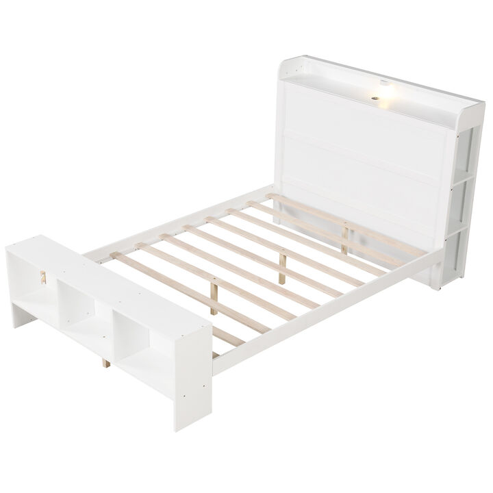 LED Headboard Bed Frame with 2 USB Ports and Hidden Storage Shelf
