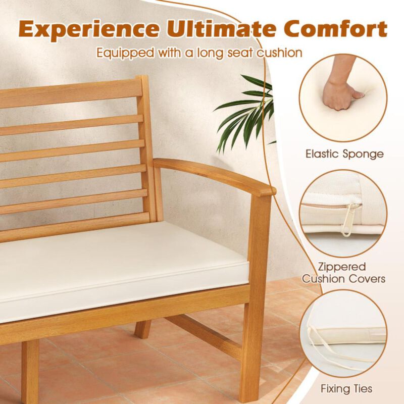 Hivvago Patio 64 Inch Wood Bench with Seat Cushion and Slatted Seat for Backyard