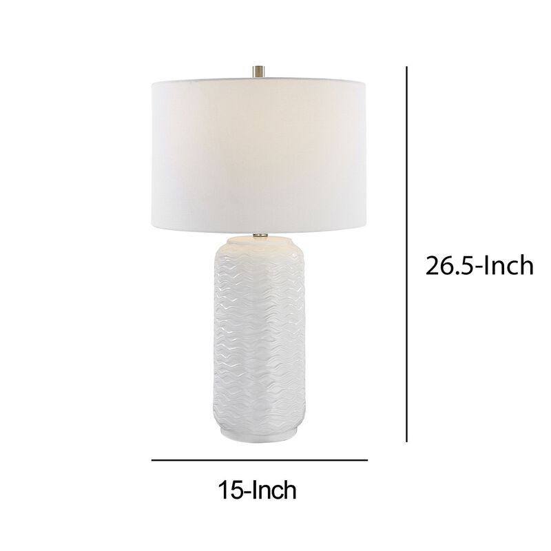 27 Inch Ceramic Table Lamp, Wavy Texture, Silver, White-Benzara