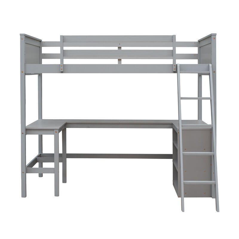 Whisen Twin Size Wooden Loft Bed with Desk and Shelves