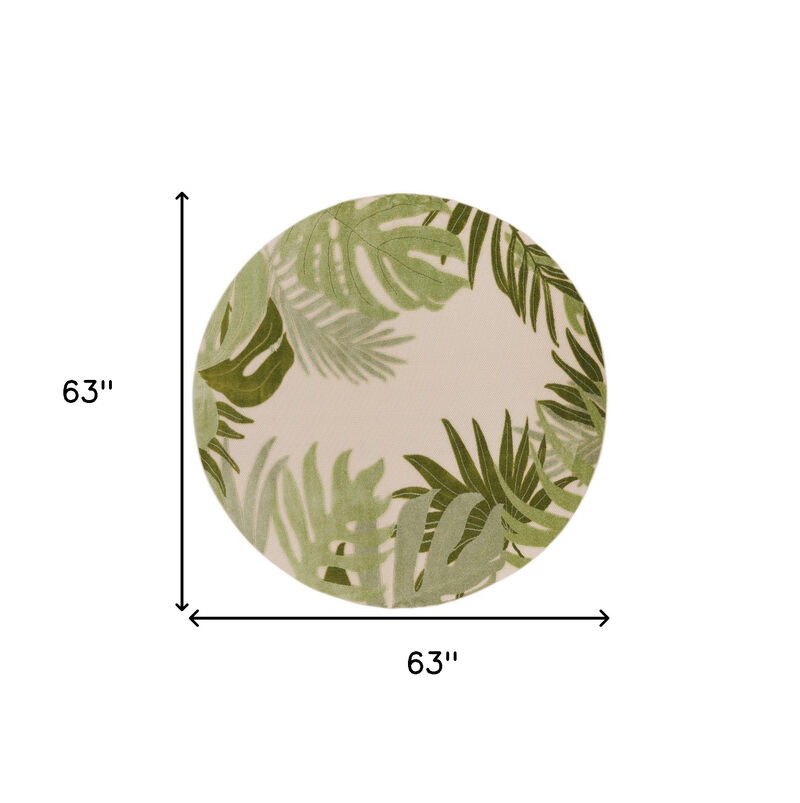 HomeRoots 5' Ivory And Green Round Palm Leaf Indoor Outdoor Area Rug image number 5