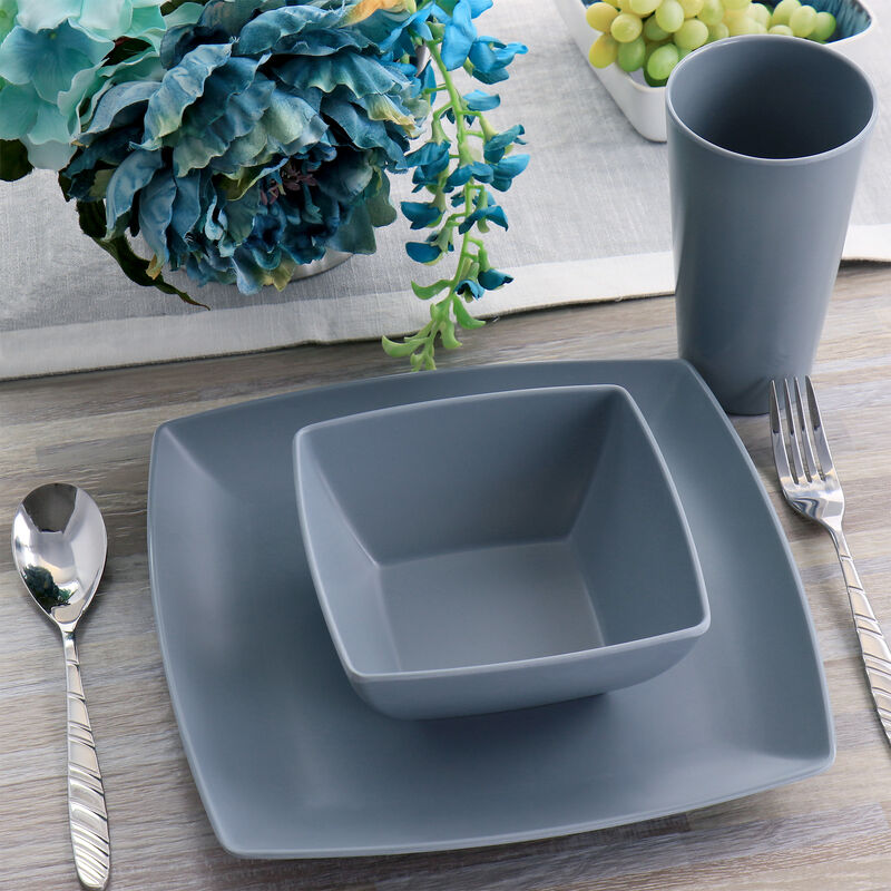 Gibson Home 12 Piece Grayson Melamine Square Dinnerware Set in Gray