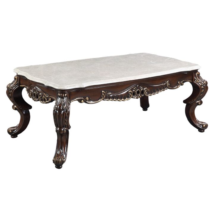 Ben 52 Inch Marble Coffee Table, Scrolled Details, Cabriole Legs, Brown-Benzara