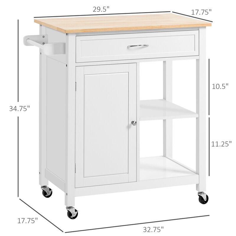 White Kitchen Helper: Rolling Island with Open Shelf & Drawer
