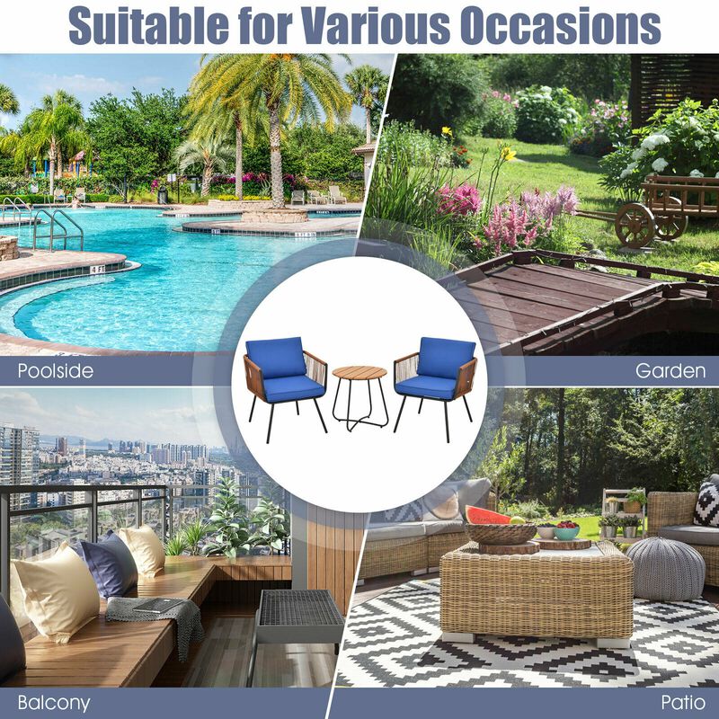 3 Pieces Patio Bistro Furniture Set with Armrest and Soft Cushions