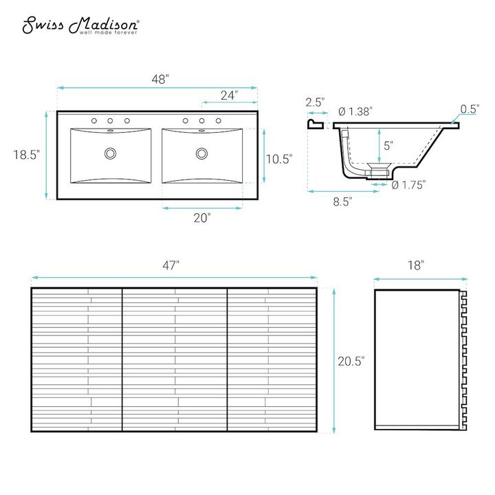 48" Wall-Mounted Bathroom Vanity, 3-Hole Widespread Double Basin Sink Top