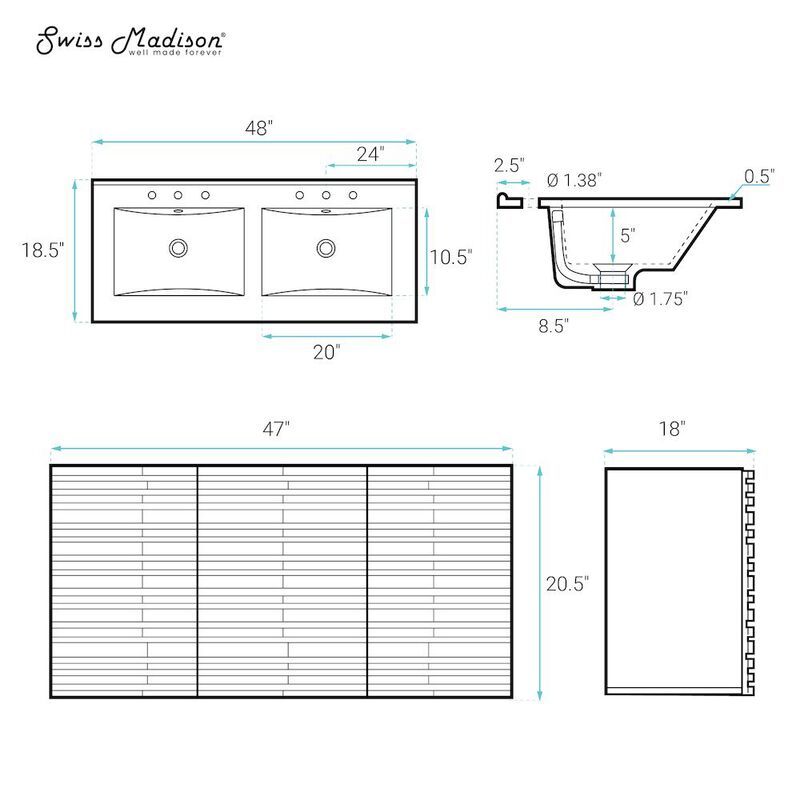 48" Wall-Mounted Bathroom Vanity, 3-Hole Widespread Double Basin Sink Top image number 1