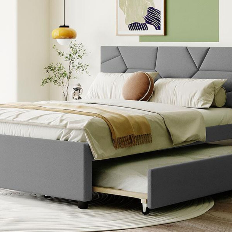 Upholstered Platform Bed with Brick Pattern Headboard and Twin Size Trundle