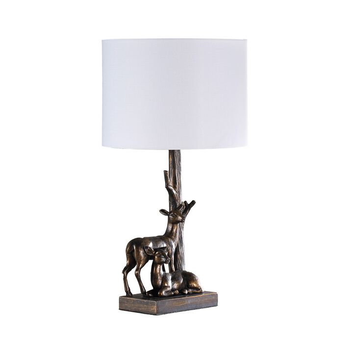 20 Inch Accent Table Lamp, Dual Roe Deer Design, White Drum Shade, Bronze - Benzara