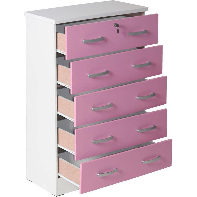 Better Home Products Cindy 5 Drawer Chest Wooden Dresser with Lock in Pink