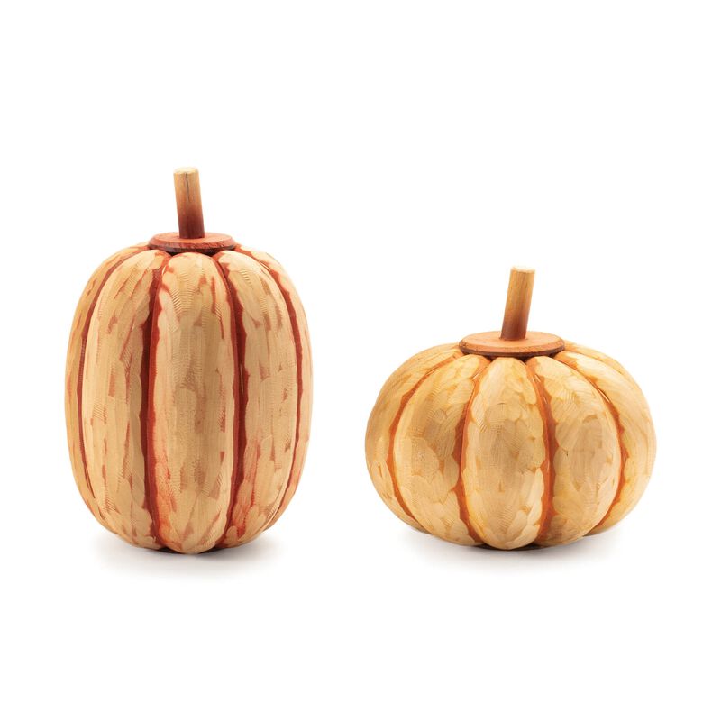 Set of 2 Carved Fir Wood Pumpkins for Rustic Fall Shelf or Tabletop Decor