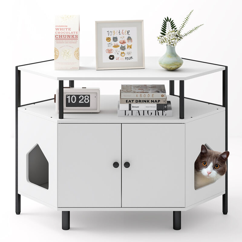 Corner Cat Litter Box Enclosure with Open Shelf 2 Entrances and Metal Legs