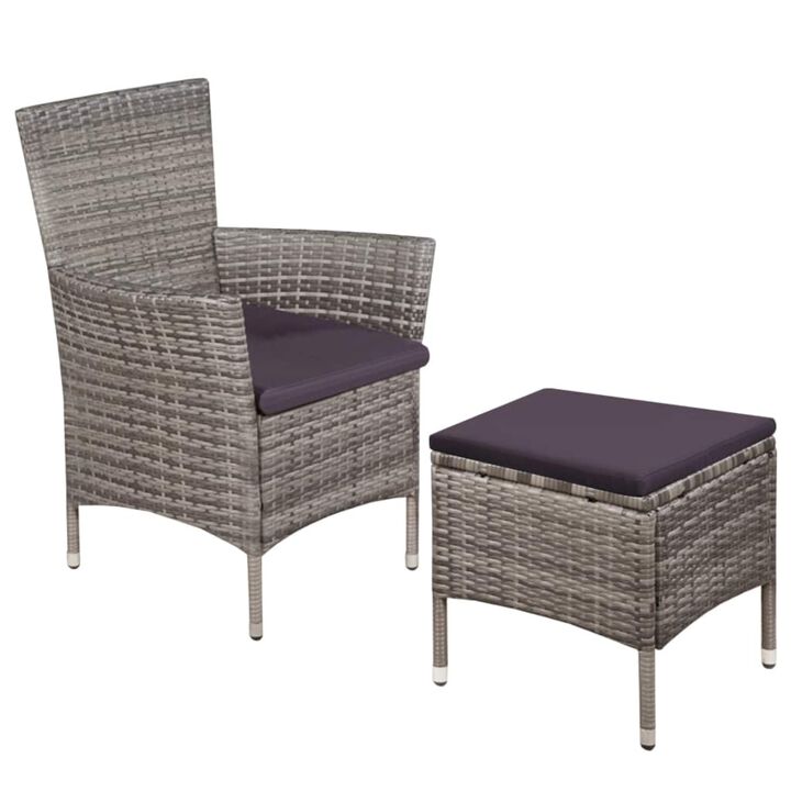 vidaXL Outdoor Chair and Stool with Cushions Poly Rattan Gray