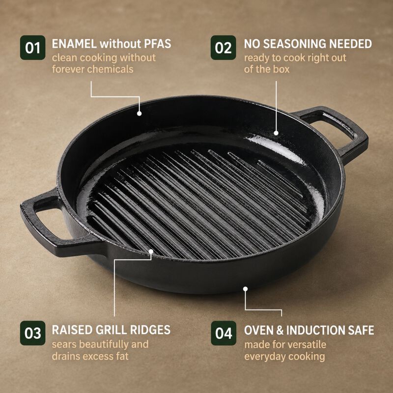 Alva Nori Enameled Cast Iron Grill Pan 11" - Oven Safe and Made without PFAS, PFOA & PTFE - Induction and All Stovetop Compatible with Even Heat Distribution image number 3