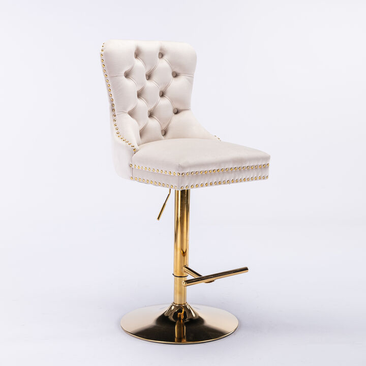 Hivvago Set of 2 Height Adjustable Upholstered Tufted Velvet Armless Bar Stools with Gold Details