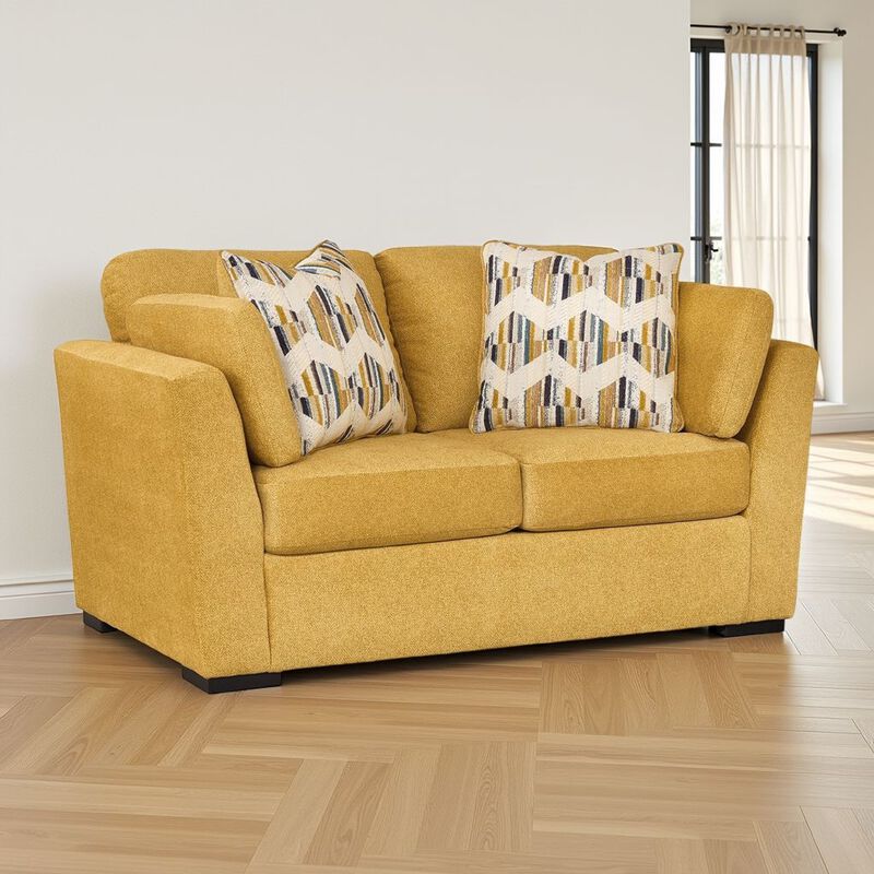 Viena Loveseat, 2 Accent Throw Pillows, Yellow Faux Velvet 68 Inch - Benzara