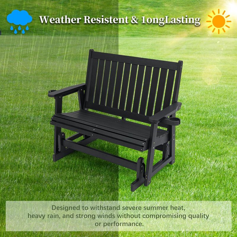 Poly Lumber Patio Glider Two Seat with Cup Holders, Durable HIPS Material, All-Weather Resistant, High Backest and Deep Contoured Seat, Heavy Duty 900 LB, for Outdoor, Porch, Patio (Carbon Black)