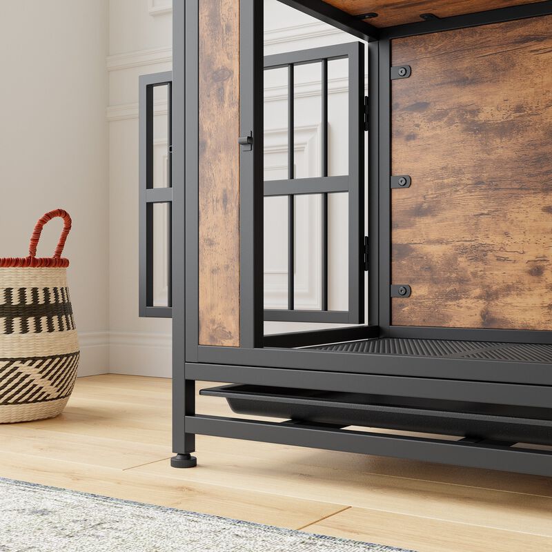 Clihome Wooden Dog Crate Table with 2 Sliding Doors and Thick Iron Door Frame image number 5