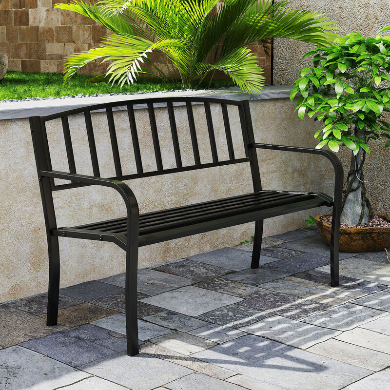 Outdoor Seating Bench with Slatted Backrest and Traditional Armrests