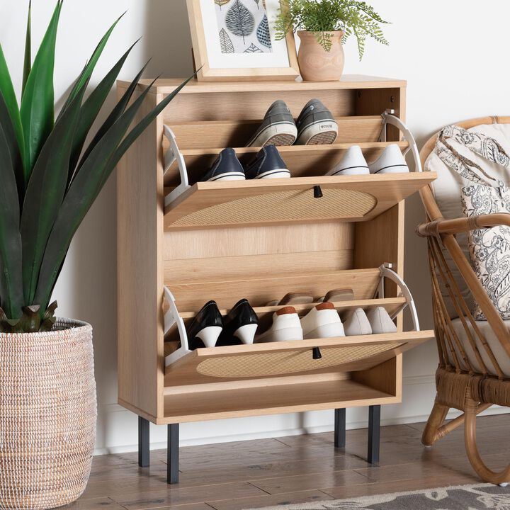 Baxton Studio Remus Wood Shoe Cabinet - 12-Pair Shoe Storage Organizer with 2 Flip Doors, Boho-Chic Compact Hallway or Entryway Furniture