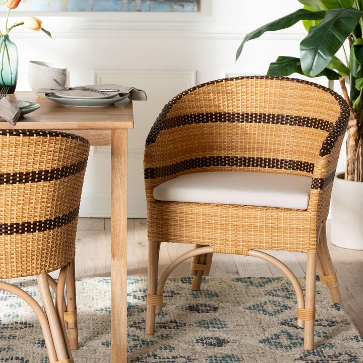 bali & pari Elma Rattan Dining Chair with Cushion - Barrel-Back Accent Chair with Synthetic Woven and Natural Rattan Frame, Boho Coastal Style Seating for Dining or Living Room