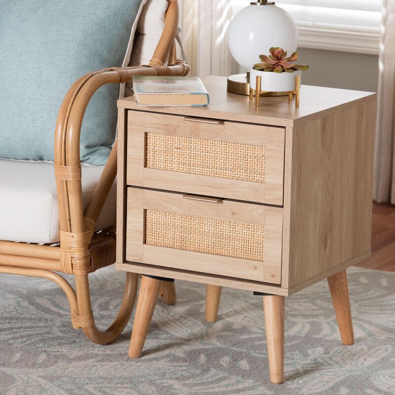 Baxton Studio Baird  Light Oak Brown Finished Wood and Rattan 2 Drawer End Table image number 1