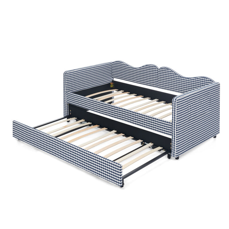 Merax Gingham Daybed with Trundle & Guardrails &ndash; Solid Wood Frame, Side Storage Pocket image number 0