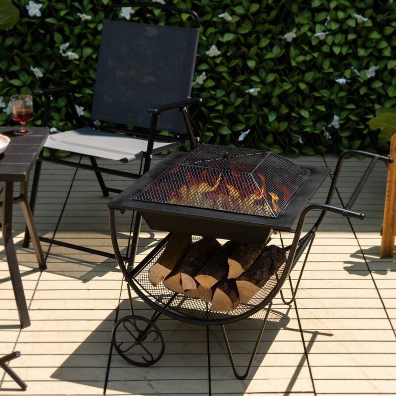 Mondawe Wood Fire Pit with Log Rack & Wheels - Dual Use