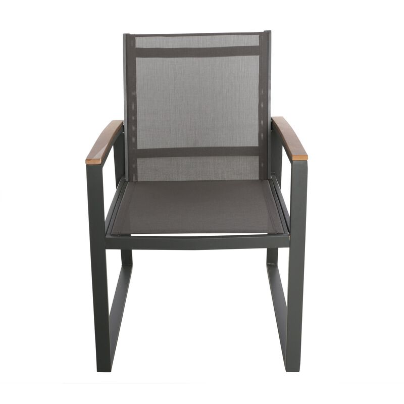 Outdoor Dining Chair Set of 2, Gray Mesh Seat and Brown Faux Wood, Metal - Benzara