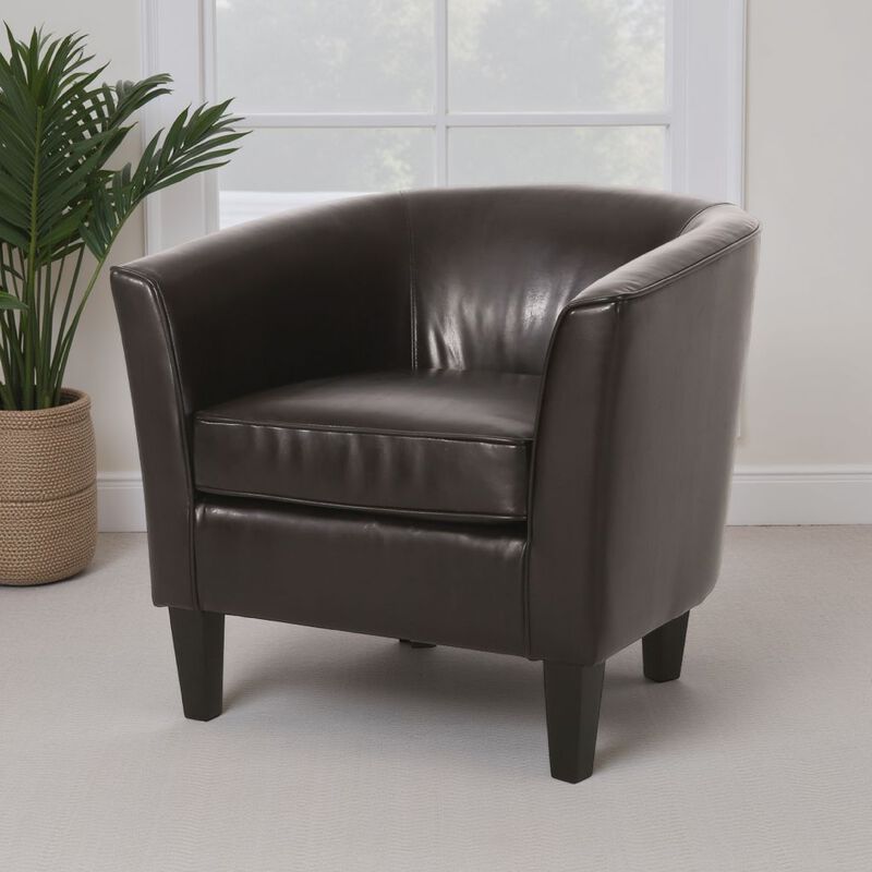 Accent Club Chair, Curved Round Back, Birch Wood, Rich Brown Faux Leather