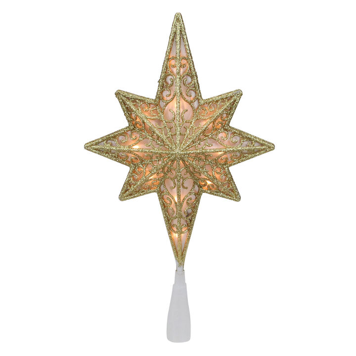 10" Lighted Frosted Clear and Gold Scroll Star of Bethlehem Christmas Tree Topper - Clear Lights