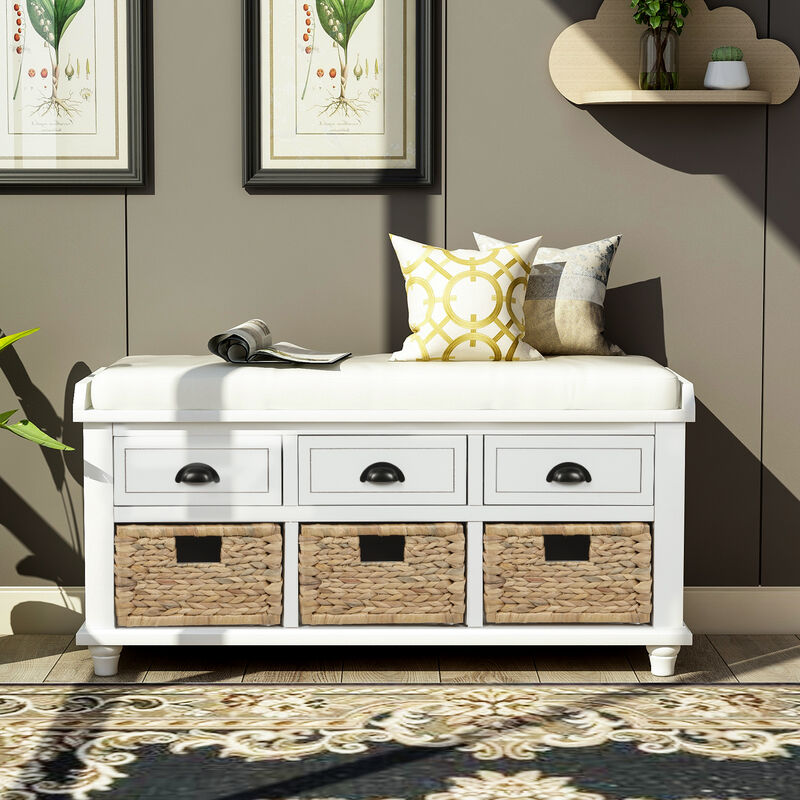 Whisen Rustic Storage Bench with 3 Drawers and 3 Rattan Baskets - White Washed