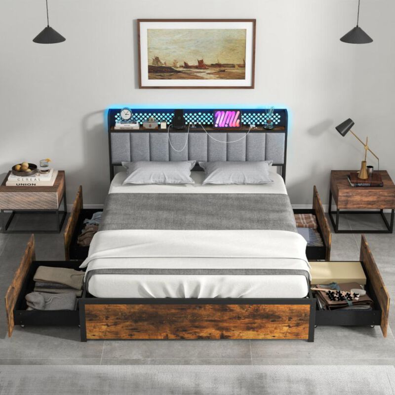 Hivvago Bed Frame with LED Lights, Upholstered Headboard and 4 Storage Drawers
