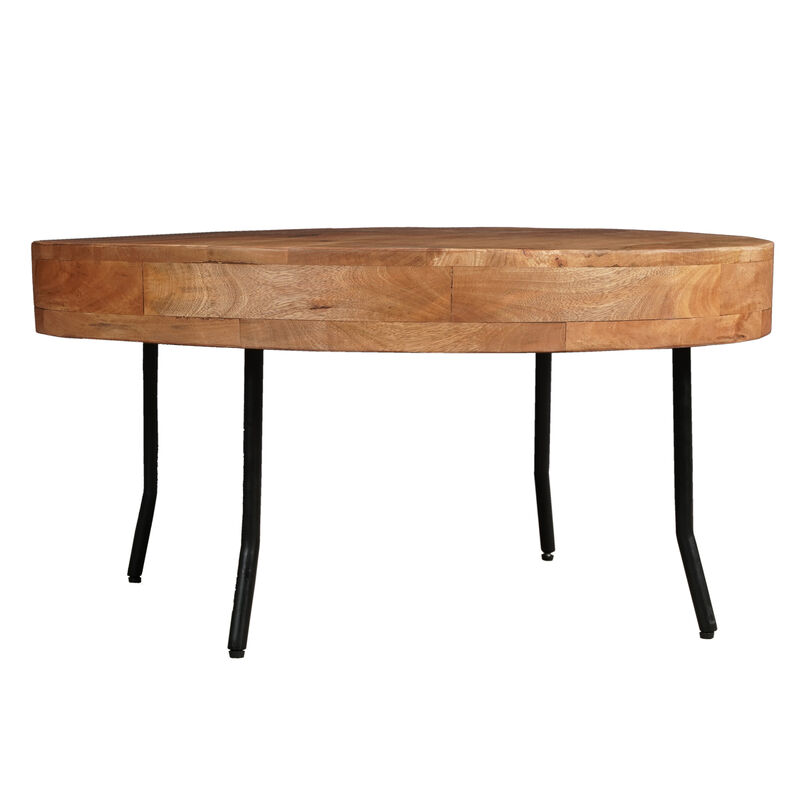 32 Inch Coffee Table, Handcrafted Mango Wood Round Top, Black Metal Angled Legs