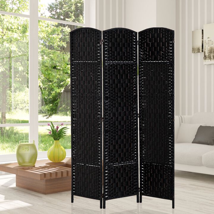 Black Woven Separator: 6' Tall 3-Panel Wicker Room Divider