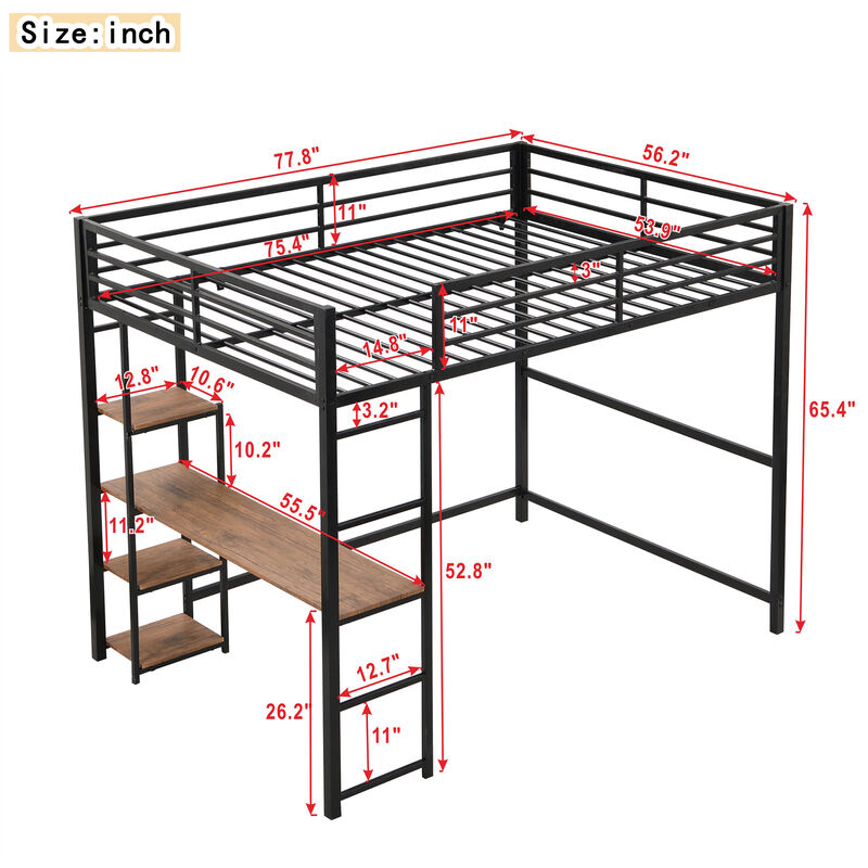 Merax Metal Loft Bed with Built-in Desk and Storage Shelves