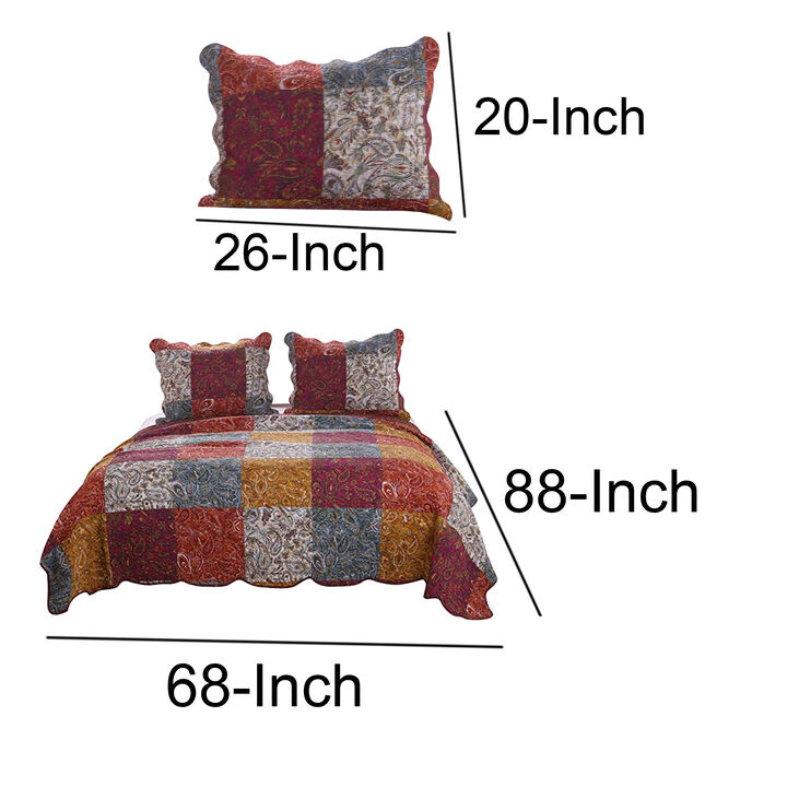 2 Piece Cotton Twin Size Quilt Set with Paisley Print, Multicolor-Benzara