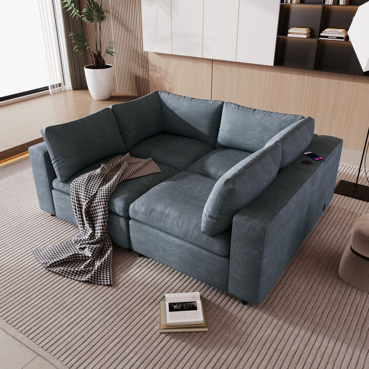 Upholstered Modular Sofa with USB Charge Ports, Wireless Charging and Built-in Bluetooth Speaker in Arm, Sectional sofa for Living Room Apartment(4-Seater)